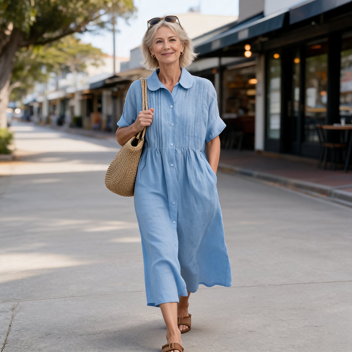Light Blue, with flat sandals and a straw bag.