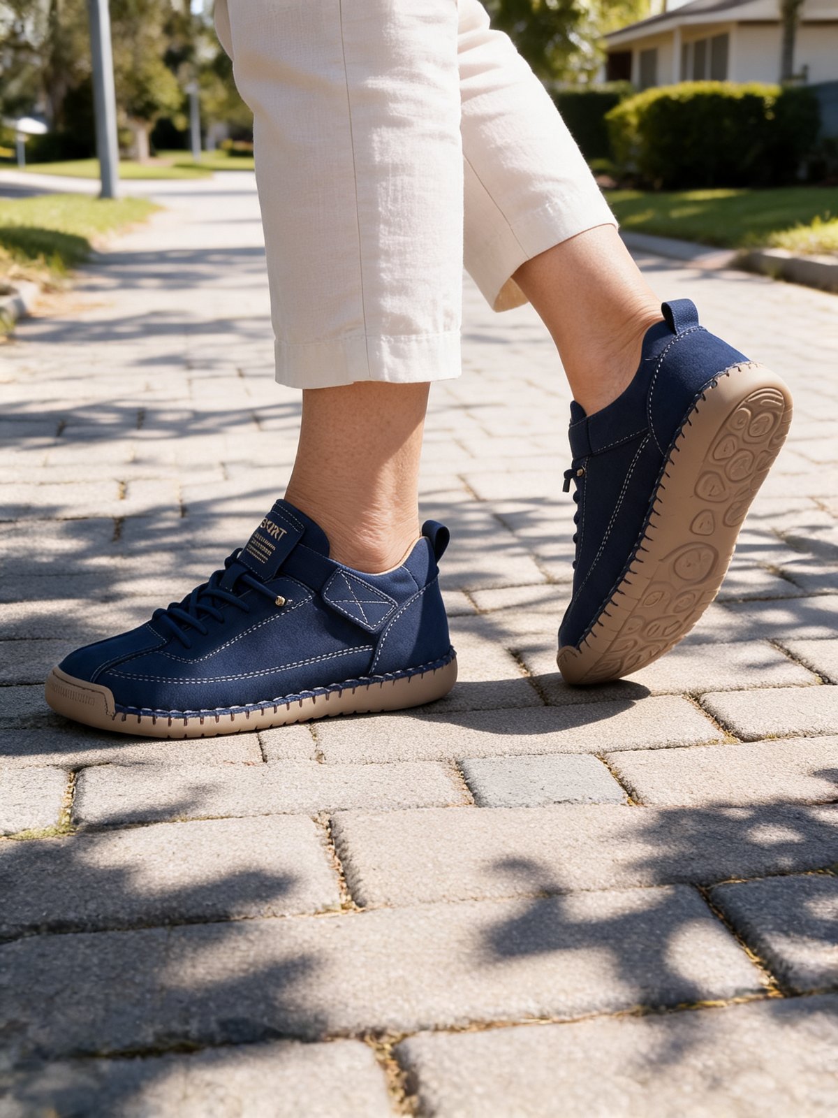 Navy, from the side: stitched upper and rounded tread.
