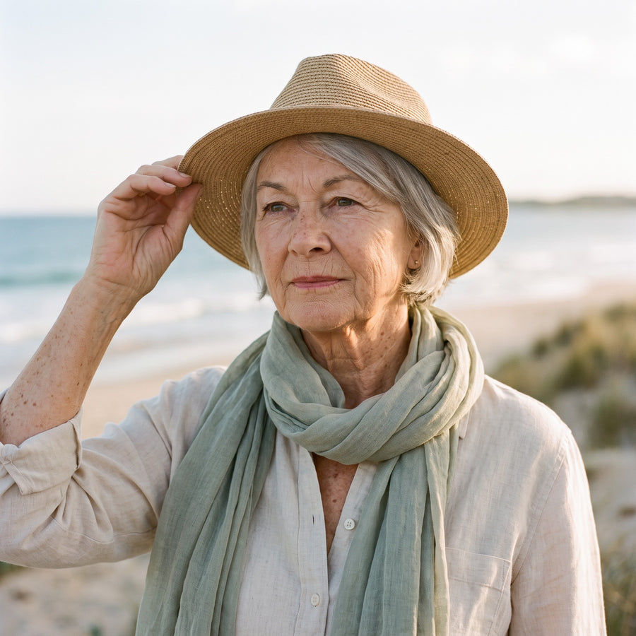 Vrouw met strohoed en sjaal aan het strand