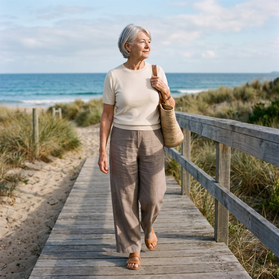 Vrouw in een wijde linnen broek op de strandpromenade
