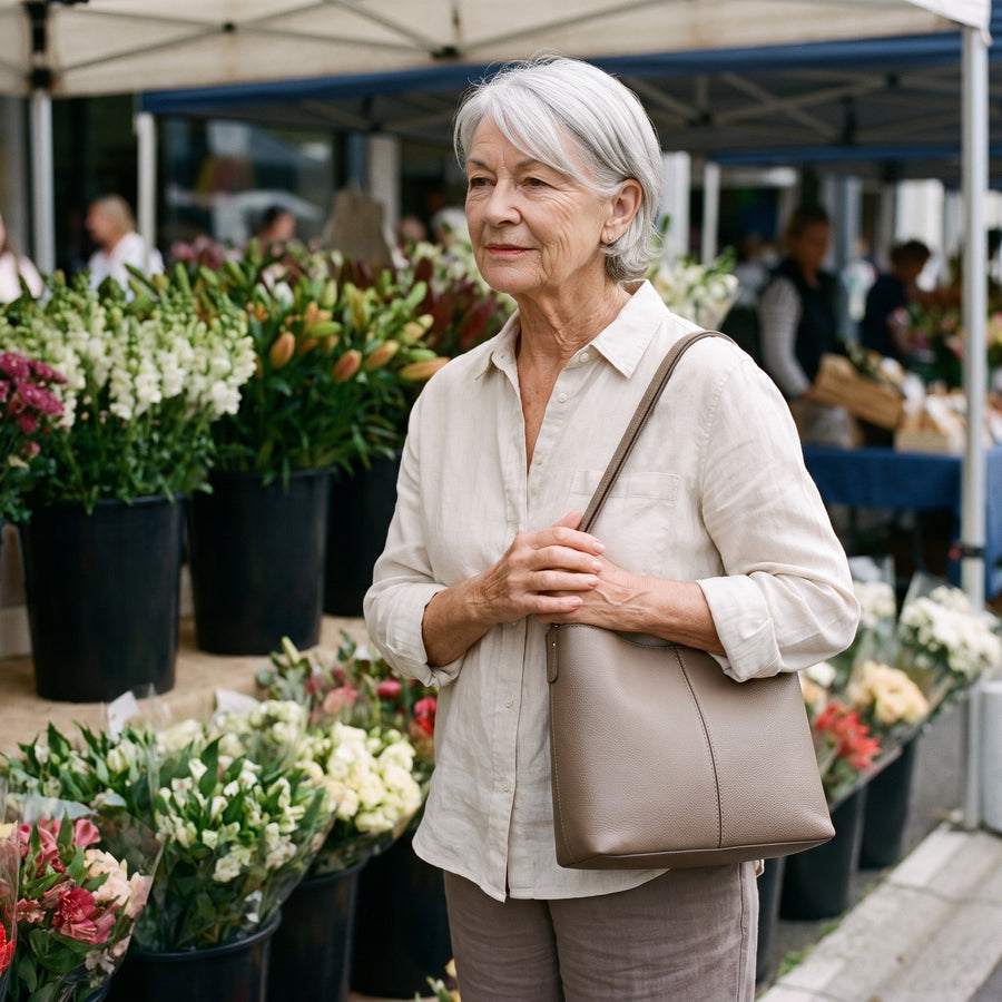 Woman with a taupe leather shoulder bag at the flower market