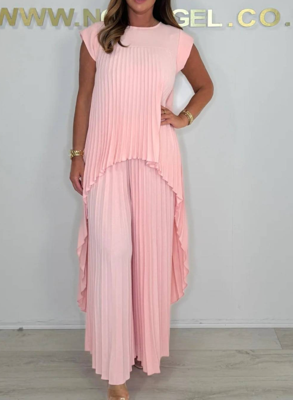 Laney™ – Pleated Top &amp; Elastic Waist Wide-Leg Pants Set