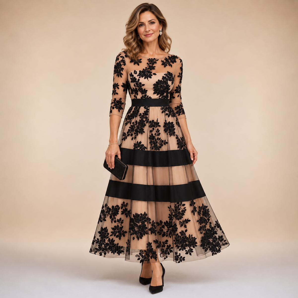 Adeline™ | Midi-avondjurk met bloemenkant