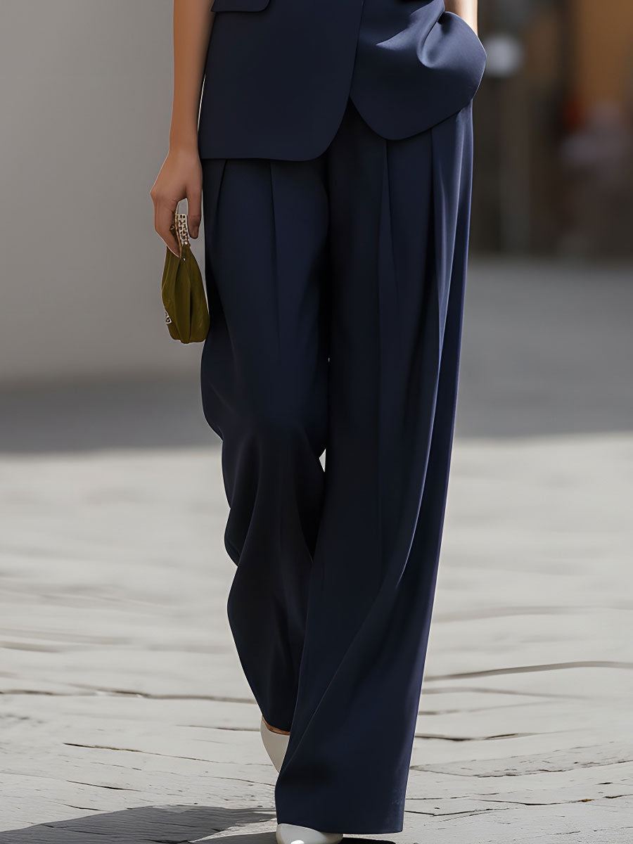 Harper™ – Sleek Navy Sleeveless Blazer & Wide-Leg Trouser Set