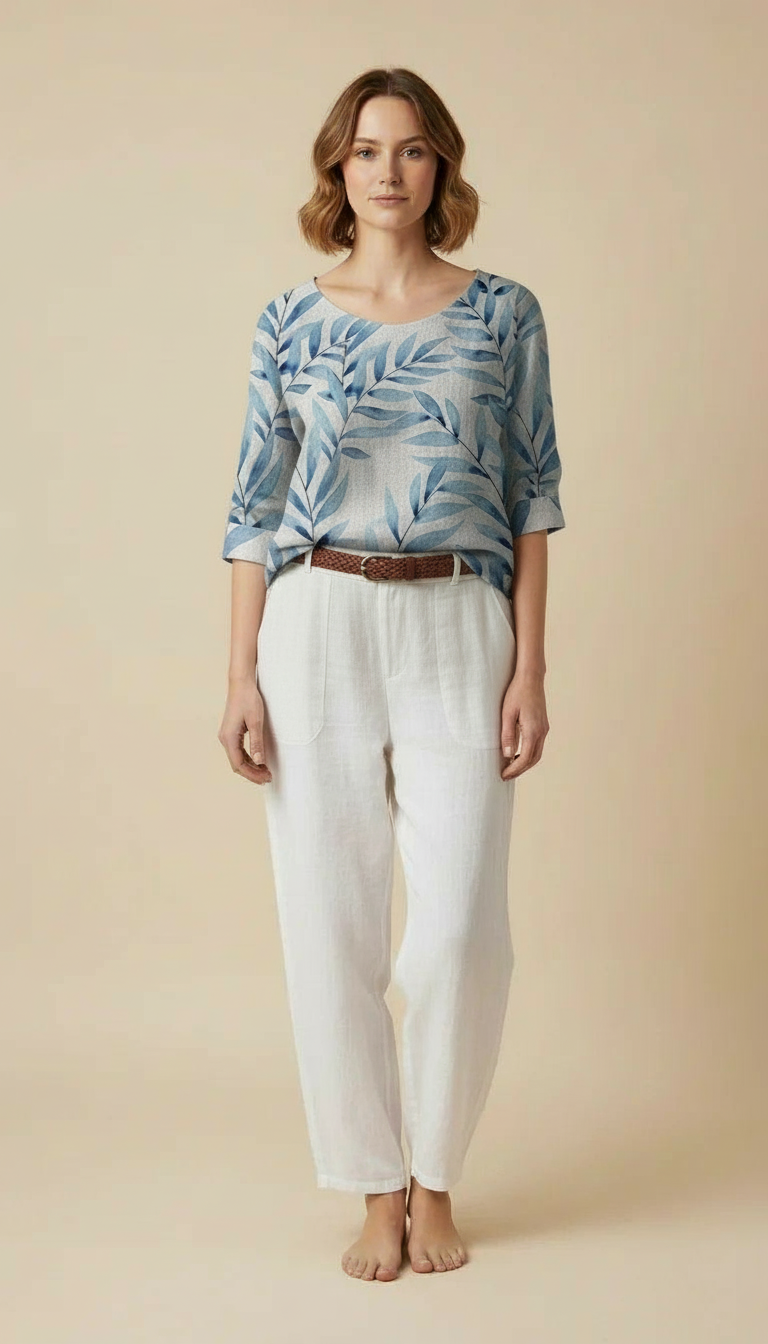 Claudine™ - Leaf Print Blouse With Button Detail