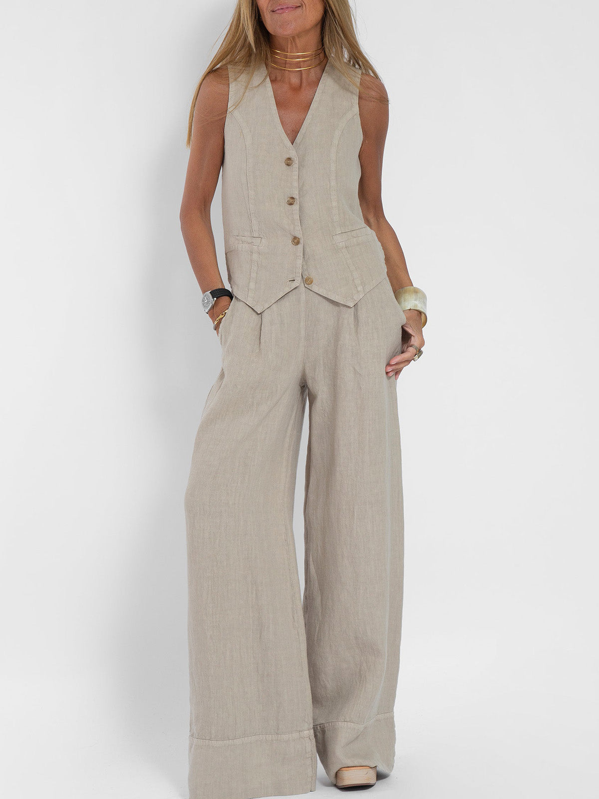 Aira™ – Buttoned Vest &amp; Wide-Leg Trousers Set