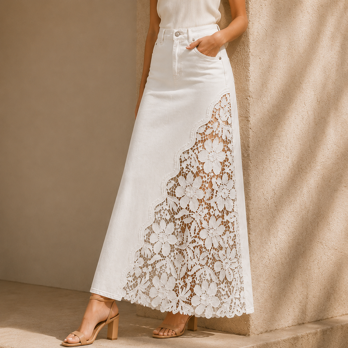 Solenne | Lace Denim Maxi Skirt