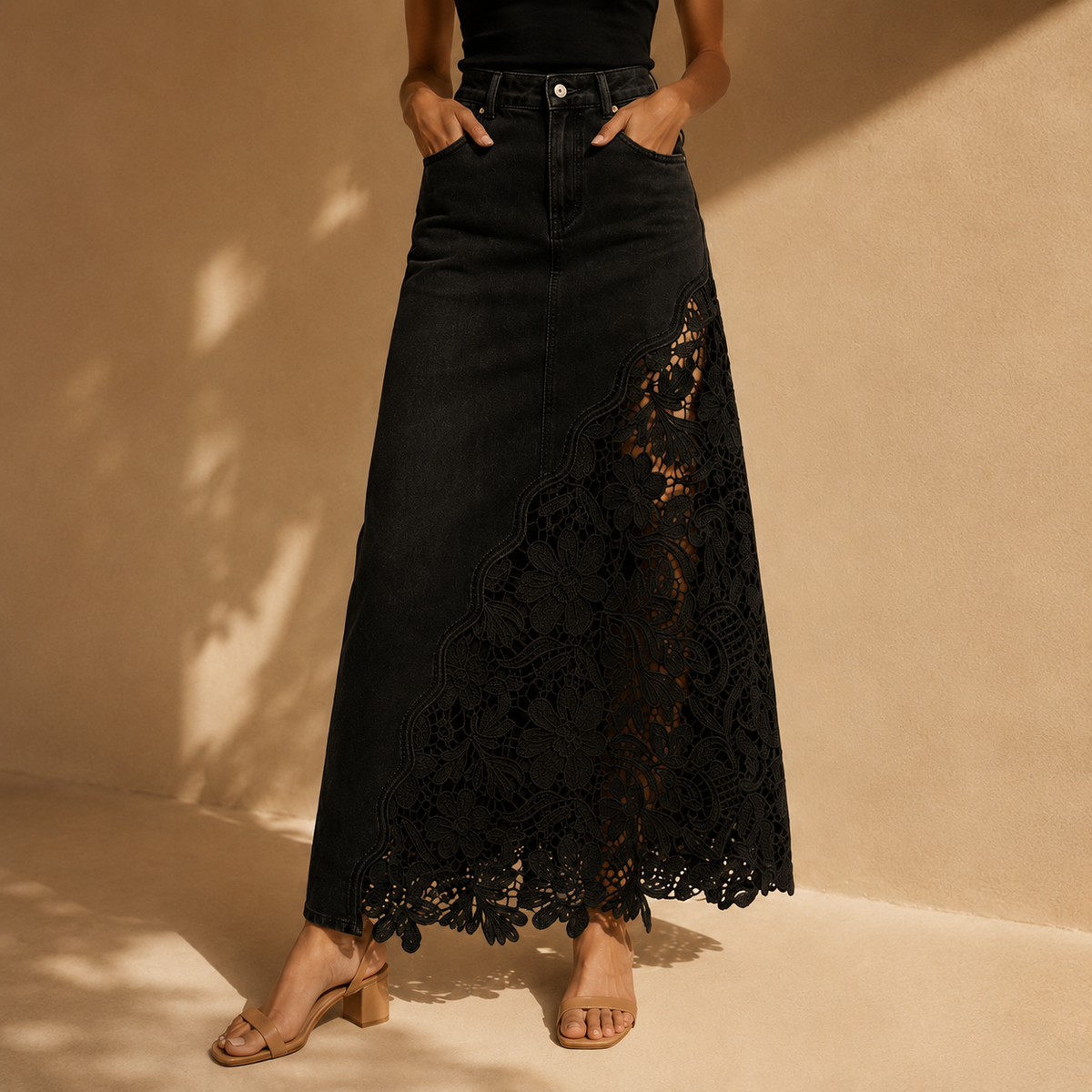 Solenne | Lace Denim Maxi Skirt