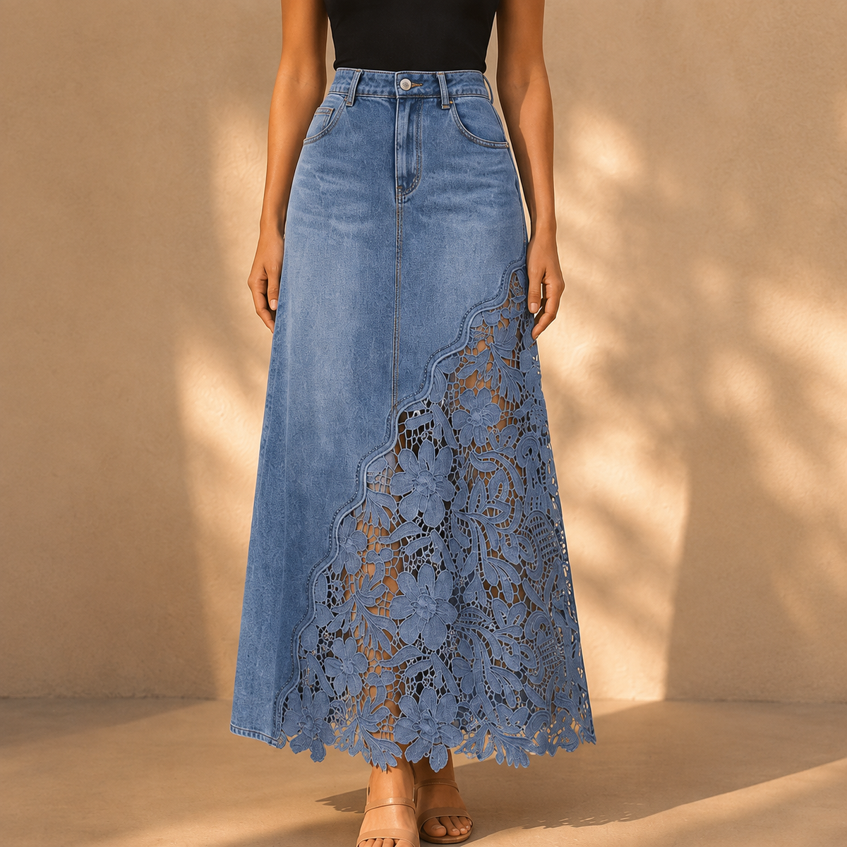 Solenne | Lace Denim Maxi Skirt