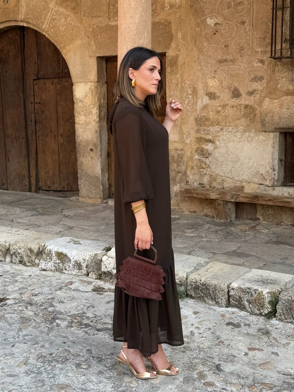 Andrea | Chiffon midi-jurk in chocoladebruin