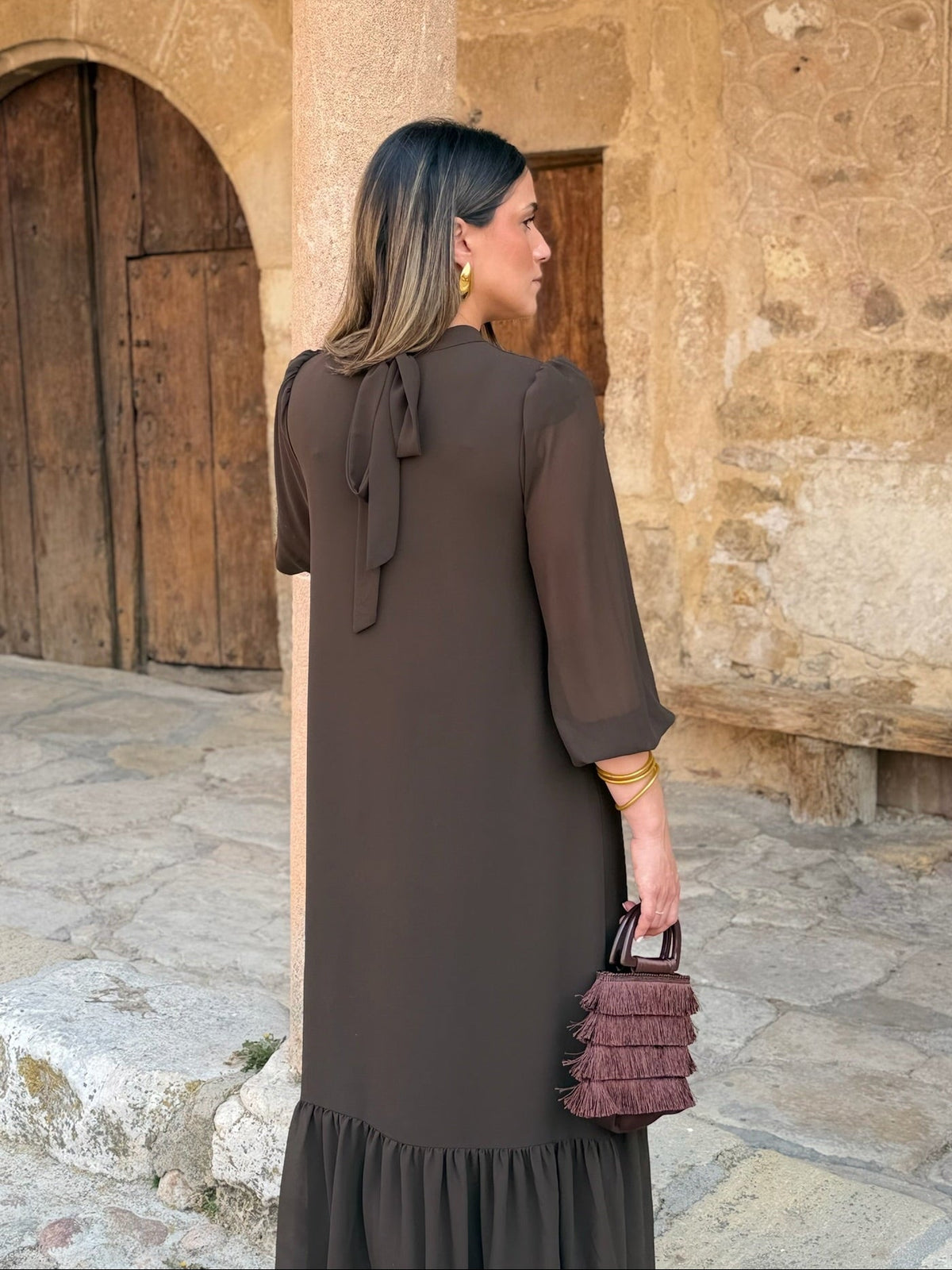 Andrea | Chiffon midi-jurk in chocoladebruin