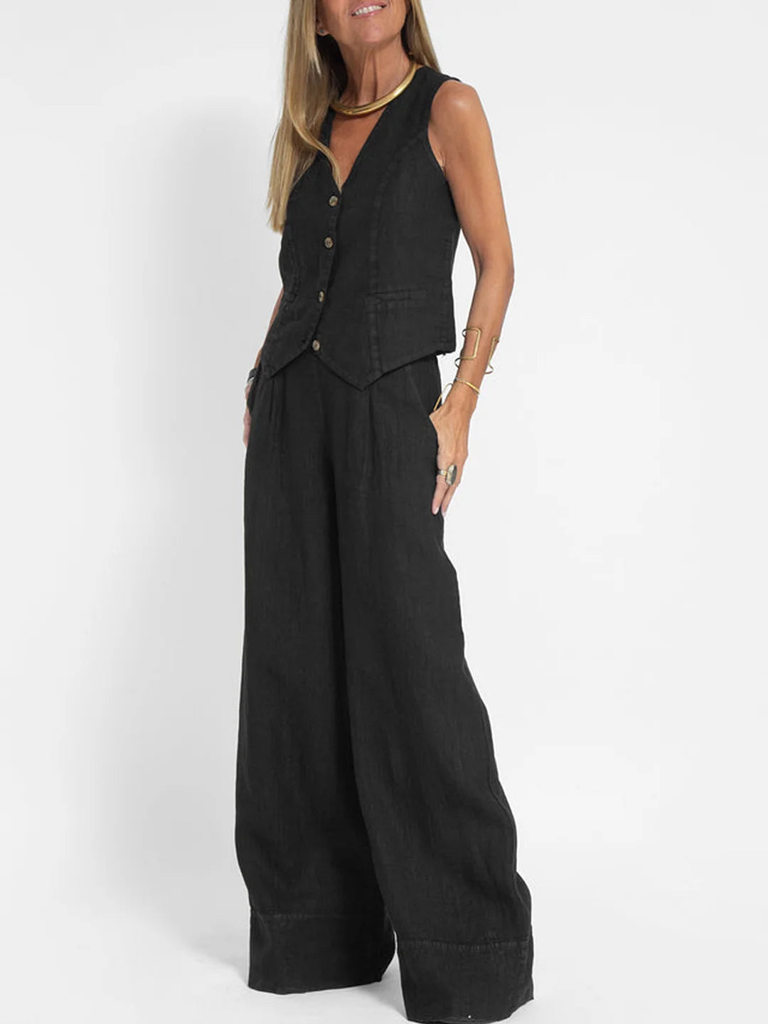 Aira™ – Buttoned Vest &amp; Wide-Leg Trousers Set