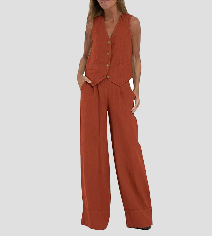 Aira™ – Buttoned Vest &amp; Wide-Leg Trousers Set