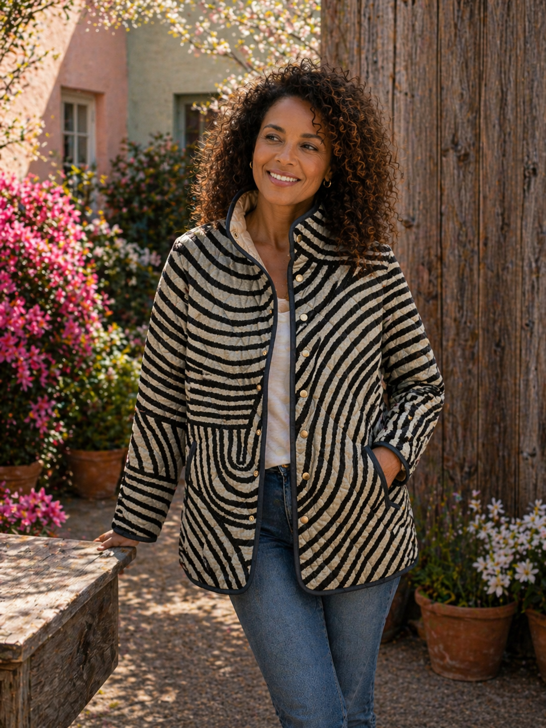 Inaya | Gewatteerde jas met retro print