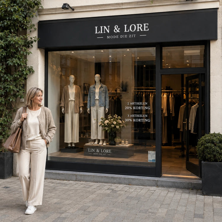 Etalage van Lin & Lore: 2 artikelen 10% korting, 3 artikelen 15% korting, 4 of meer 20% korting