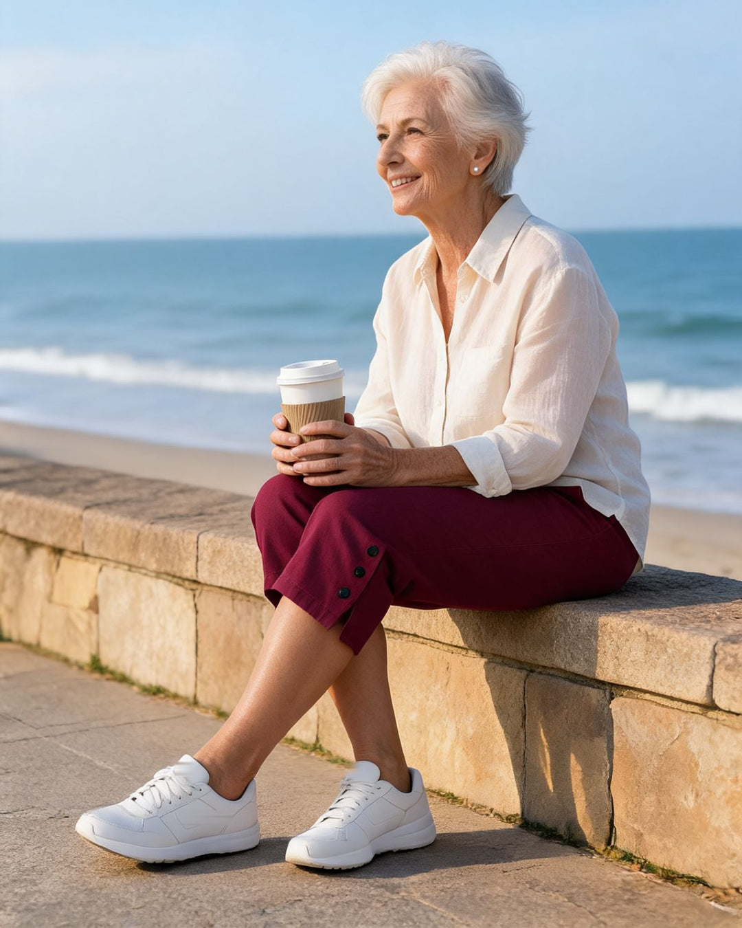 Woman sitting on a wall by the sea in the Eileen capri in Wine Red