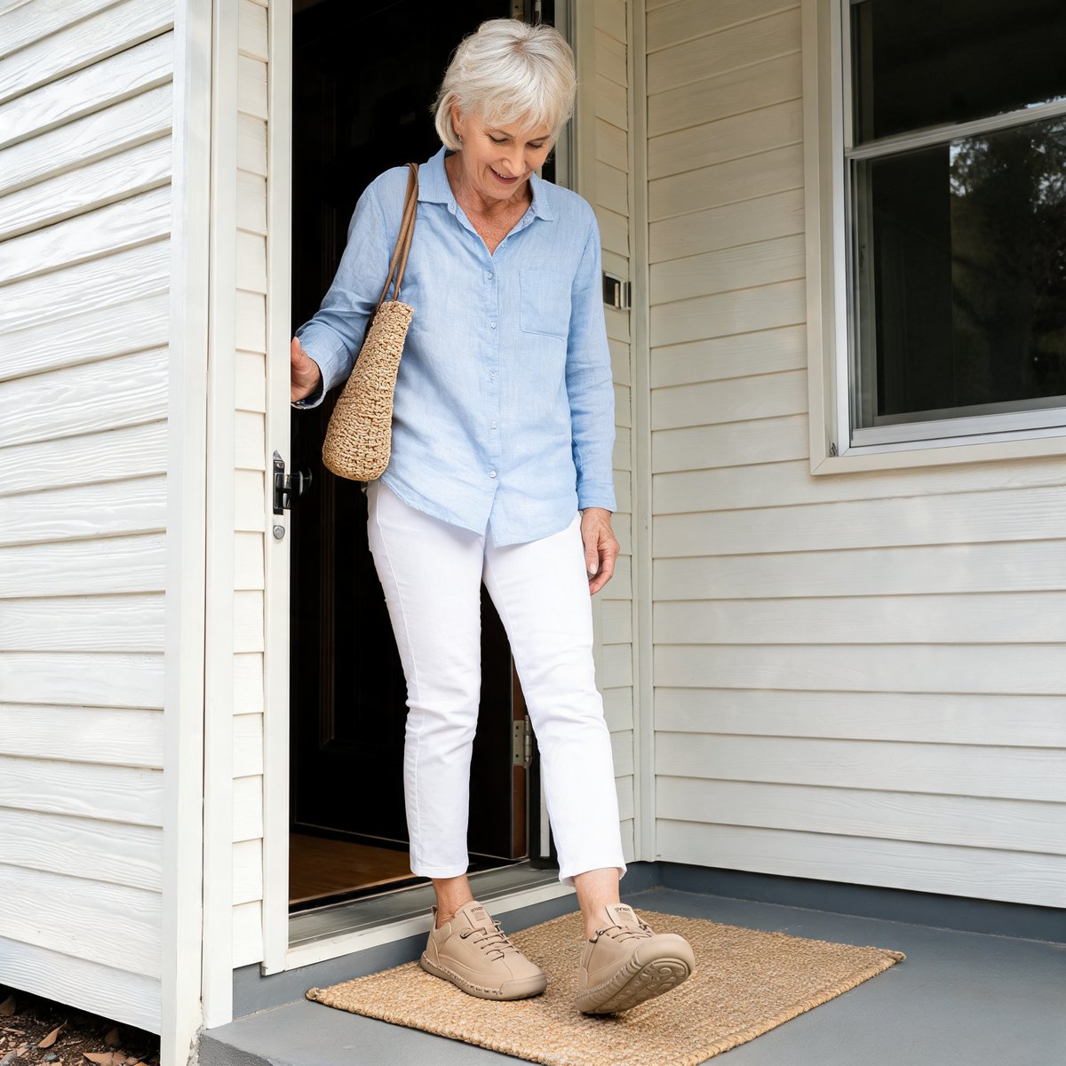 Beige, on the way out the door.