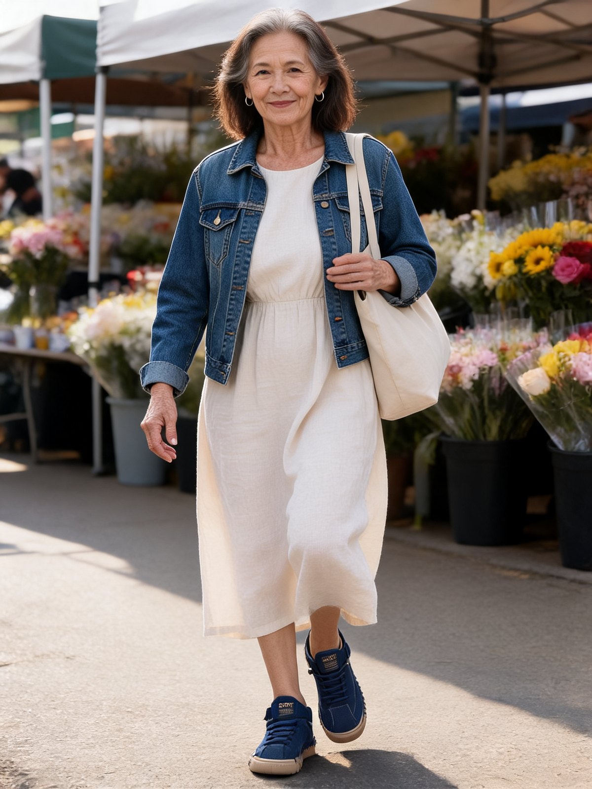 Navy, with a linen dress and a denim jacket.