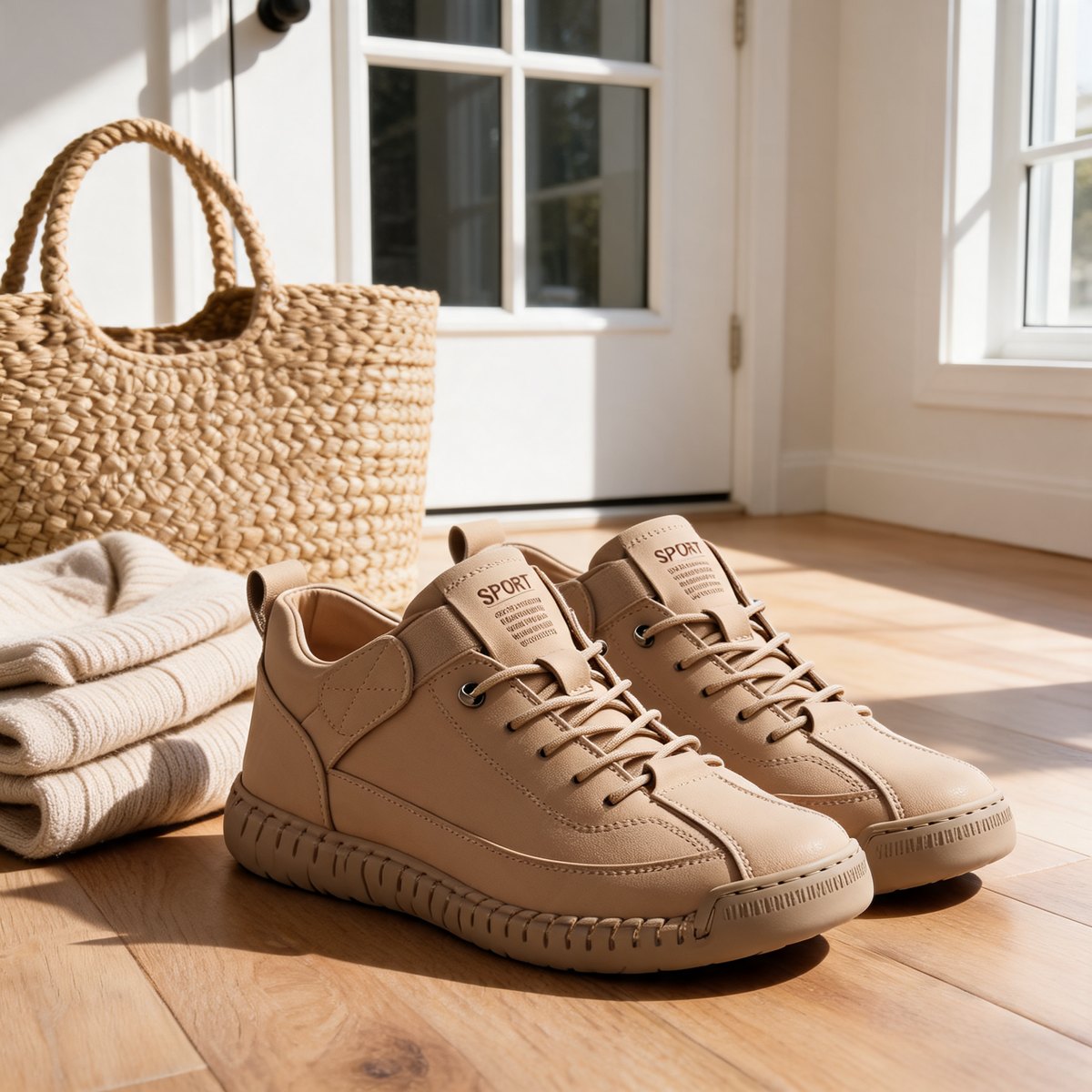 Beige, ready by the door.