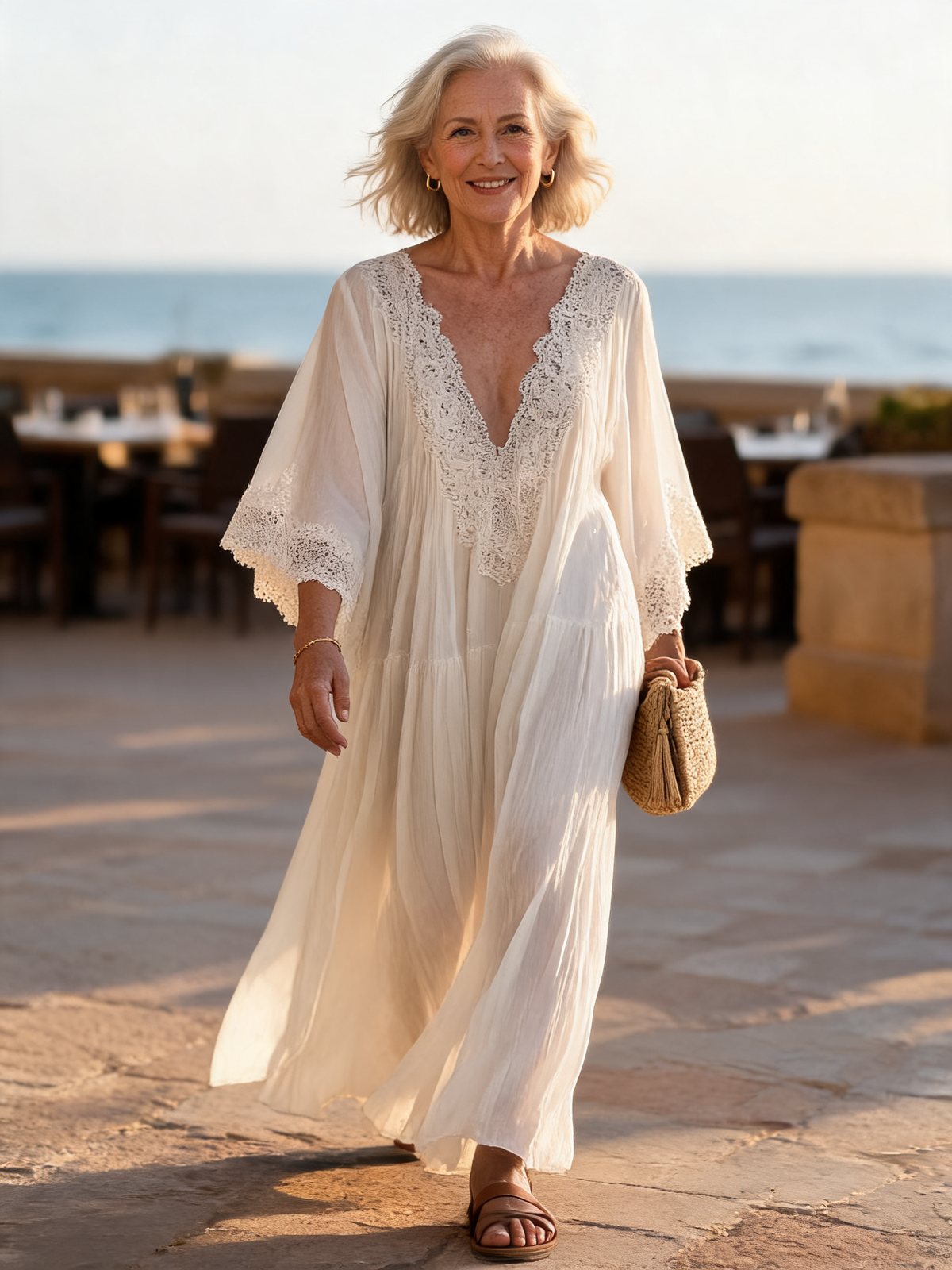Woman in the white Liora lace maxi dress walking along a seaside terrace at sunset