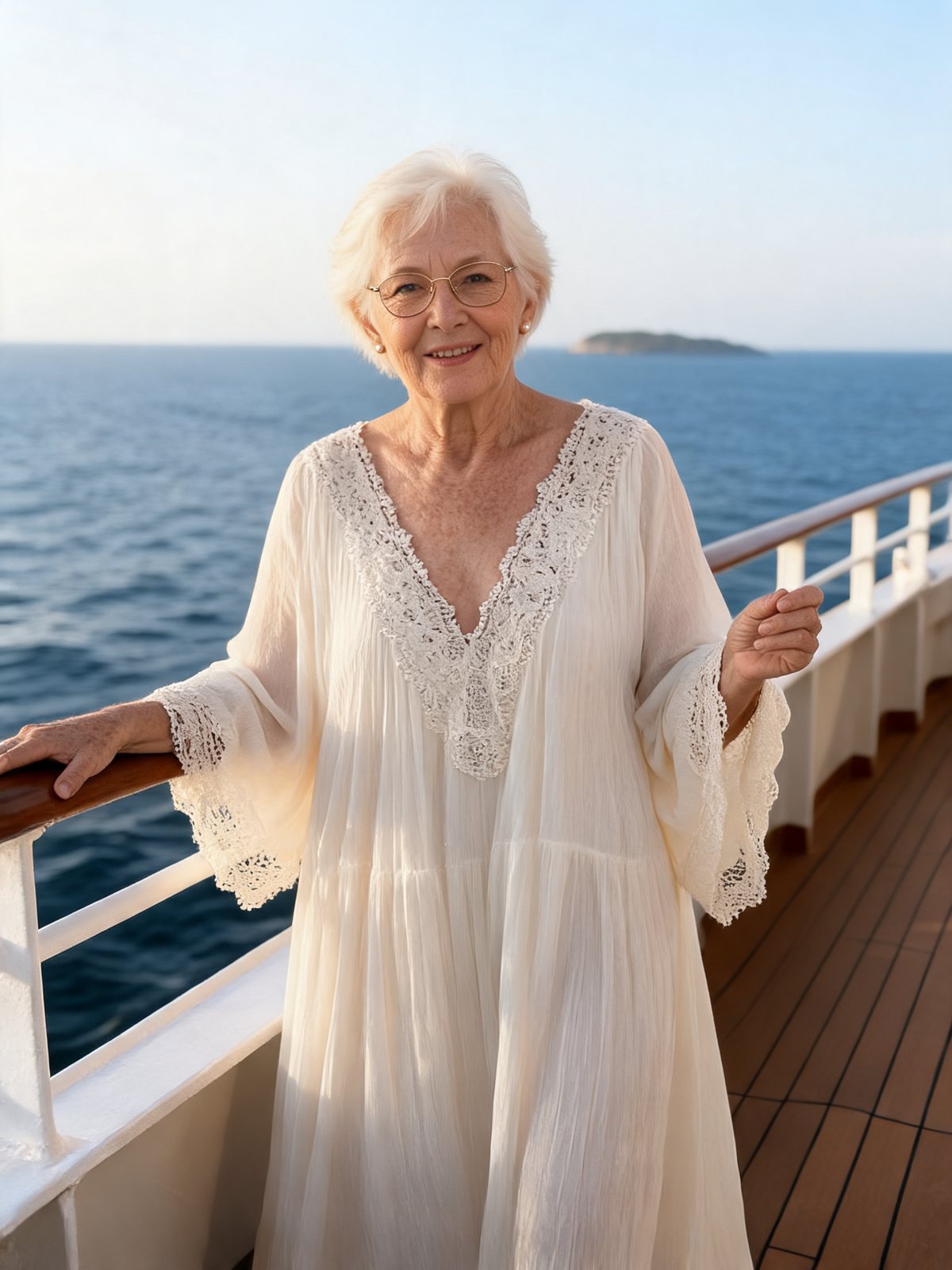Woman in the Liora maxi dress on a cruise ship deck