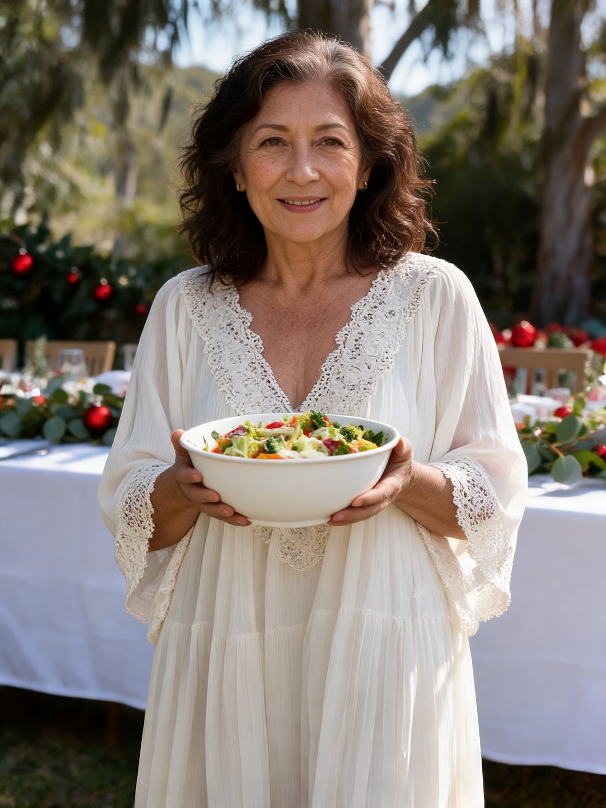 Woman in the Liora maxi dress at a summer Christmas lunch