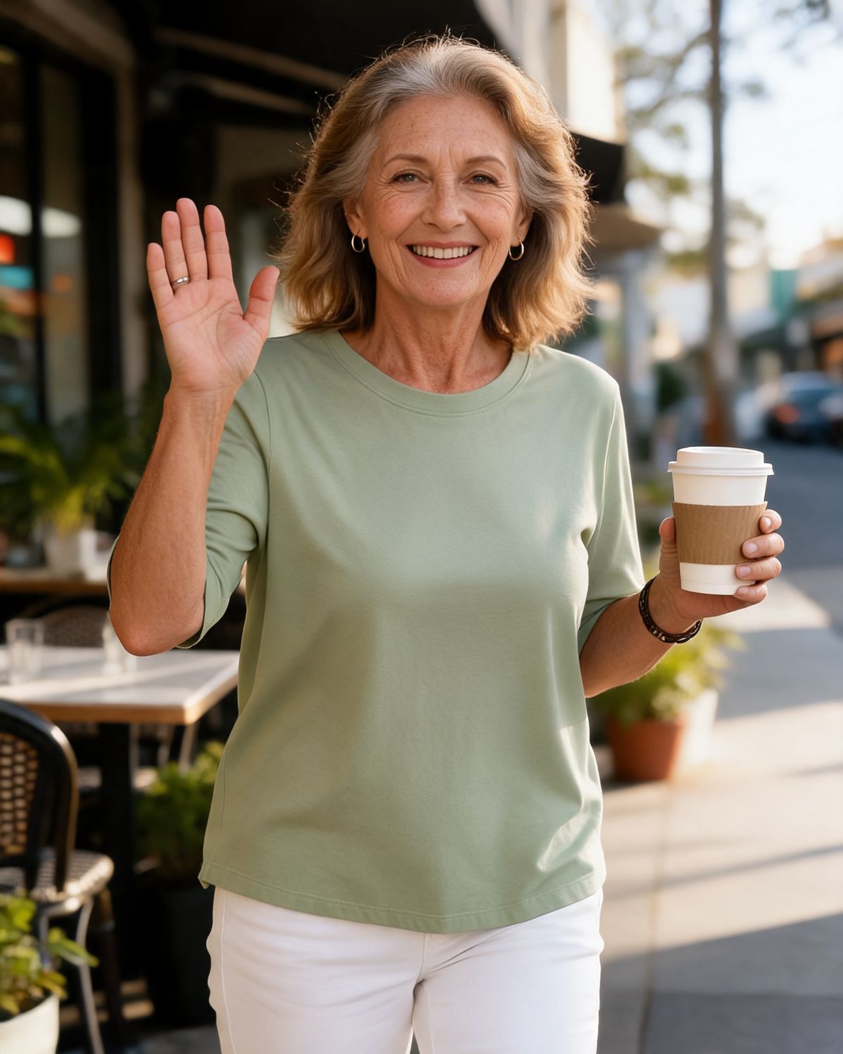Woman waving outside a cafe in the Maeve half-sleeve tee in Matcha Green