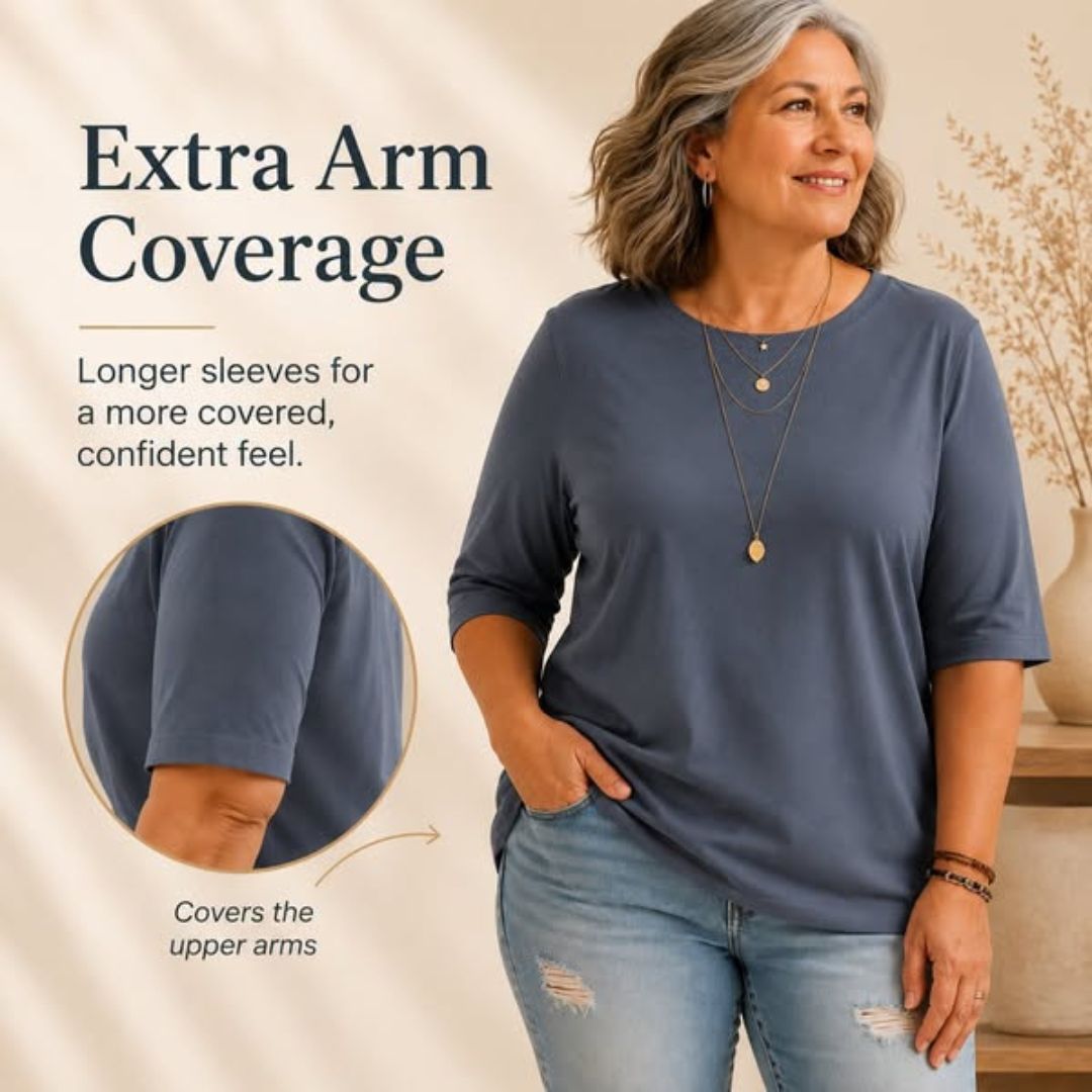 Maeve tee with longer half sleeves for extra upper-arm coverage