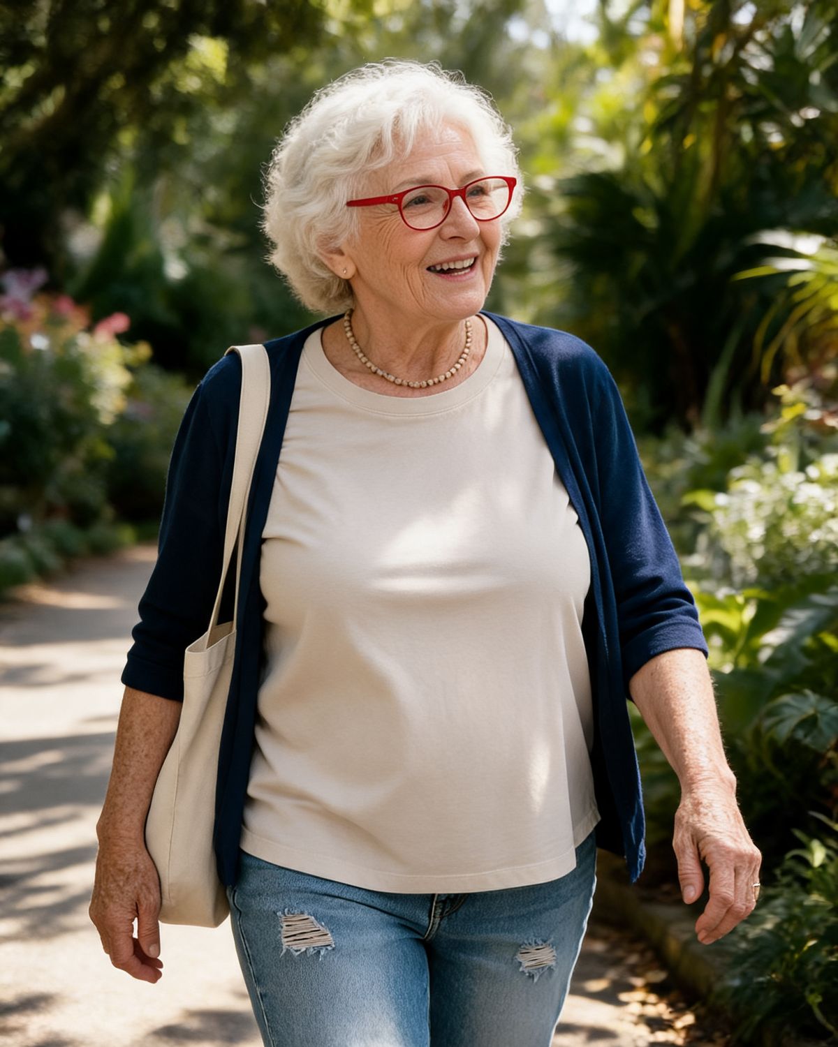 Woman walking in a garden in the Maeve tee in Oatmeal with jeans and a cardigan