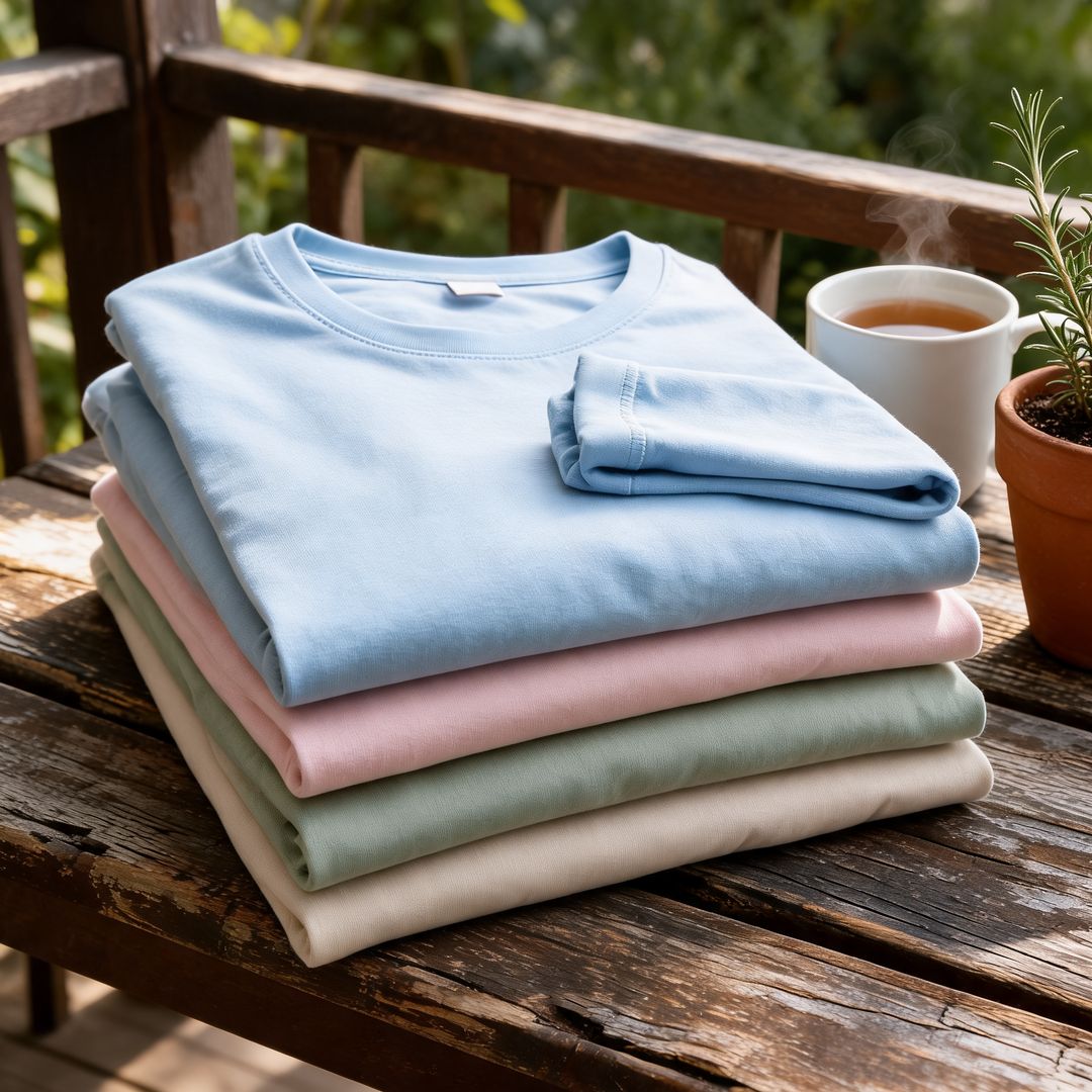 Folded Maeve tees in Oatmeal, Matcha Green, Pink and Blue