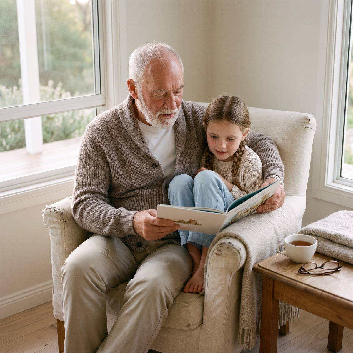 Grandfather reading a picture book to his granddaughter in an armchair