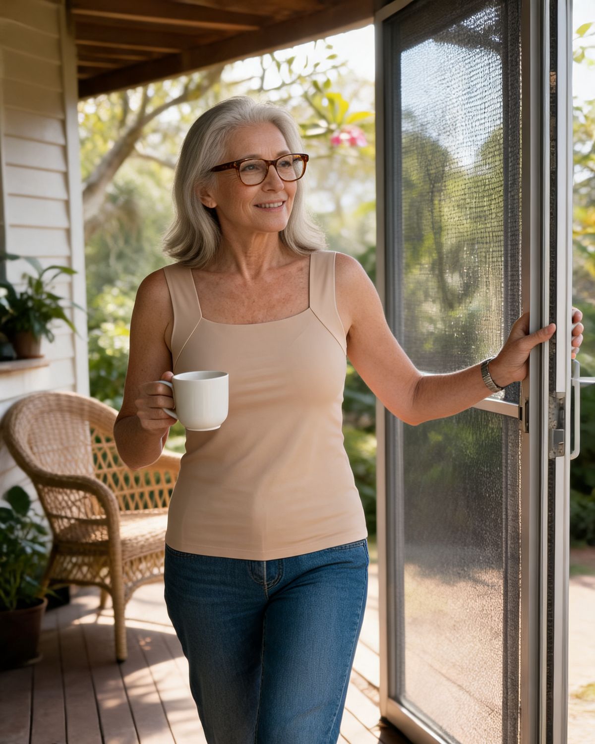 Woman stepping onto a verandah with a cup of tea, wearing the Roxy tank in Nude