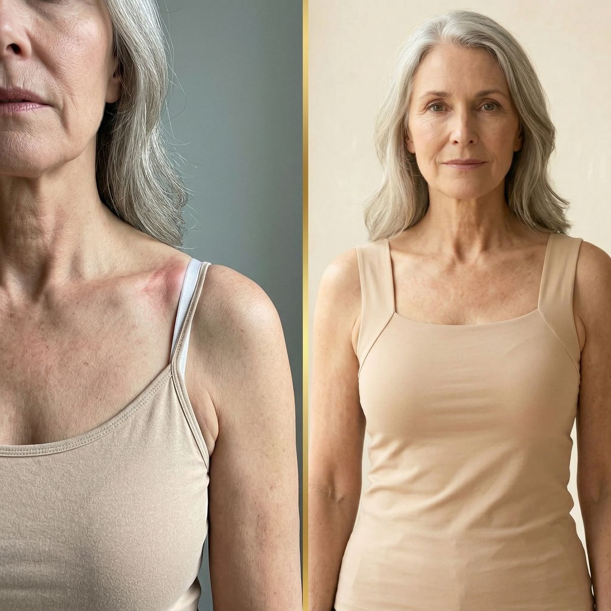 A bra strap leaving a mark on the shoulder next to the Roxy tank top
