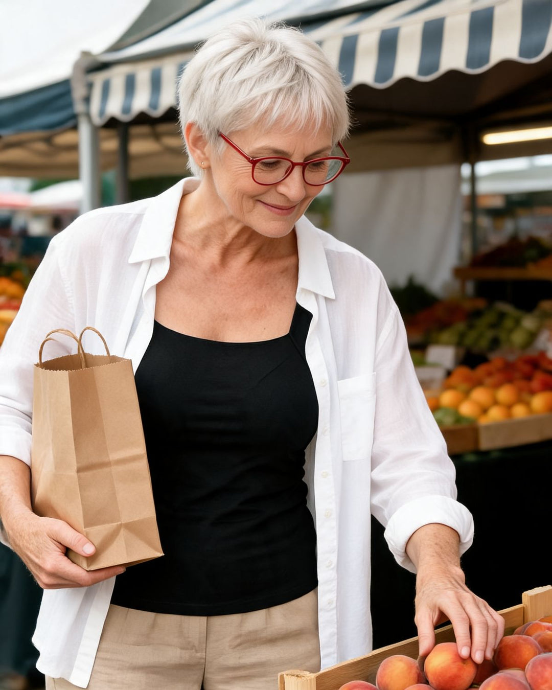 Woman at a market wearing the Roxy tank in Black under an open linen shirt