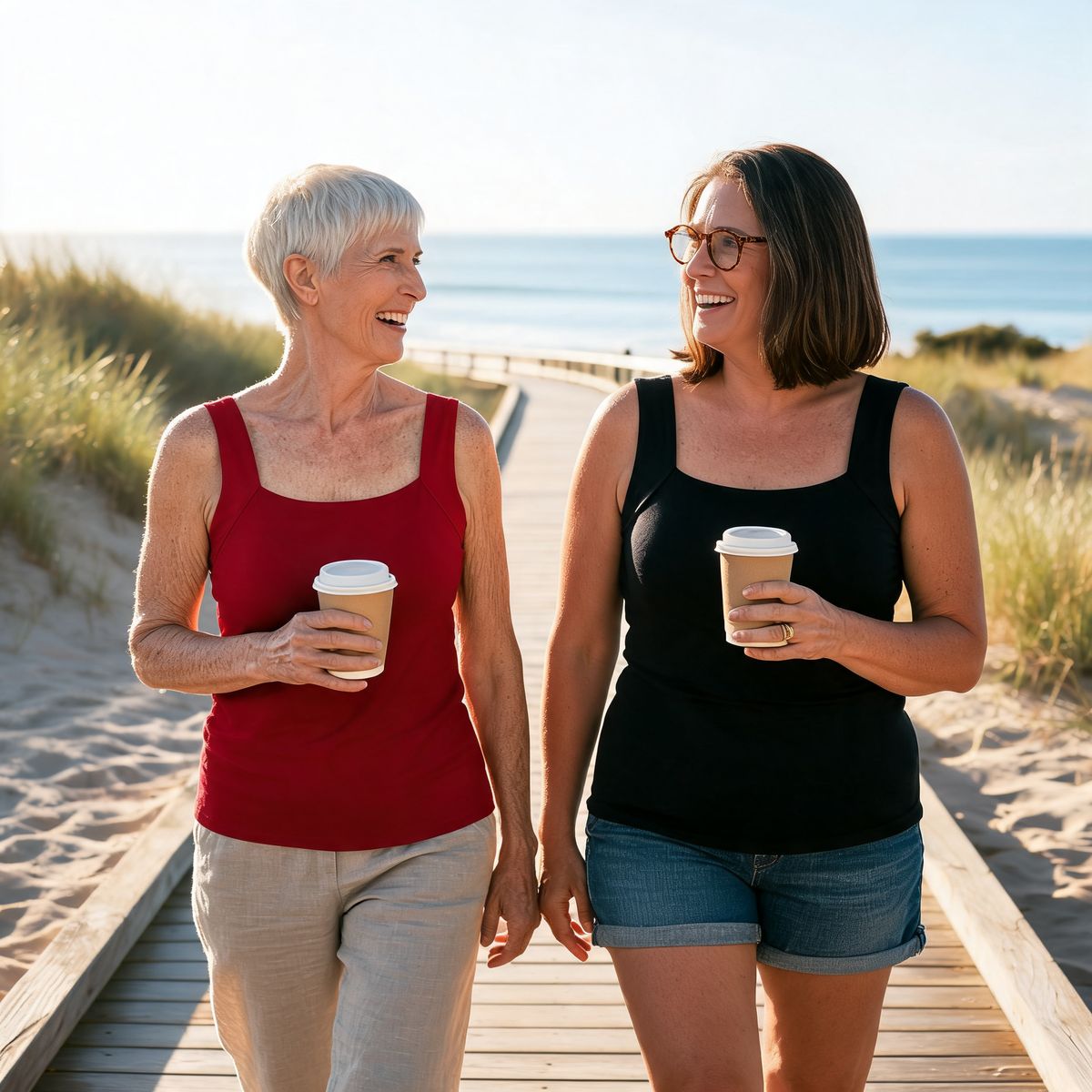 Two friends walking with coffee wearing the Roxy tank in Red and Black