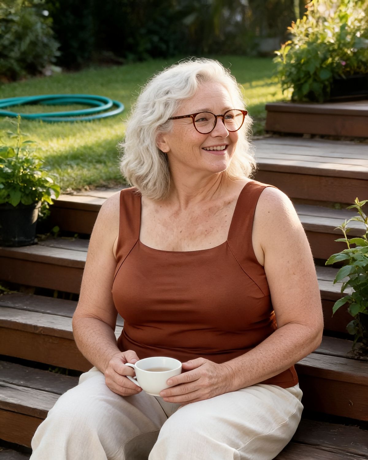 Woman with a cup of tea on her back steps, wearing the Roxy tank in Rust