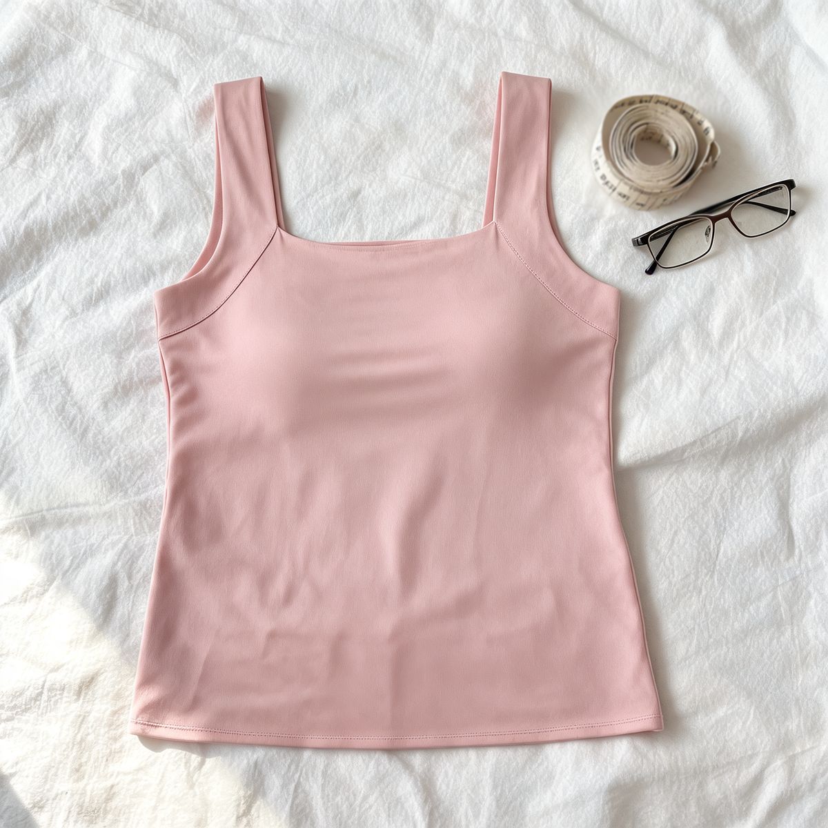 The Roxy tank in Pink laid flat next to a tape measure and reading glasses