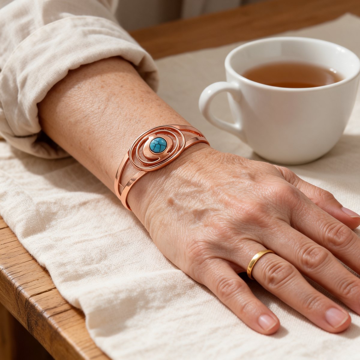 Sedge copper cuff bracelet with a turquoise-blue stone