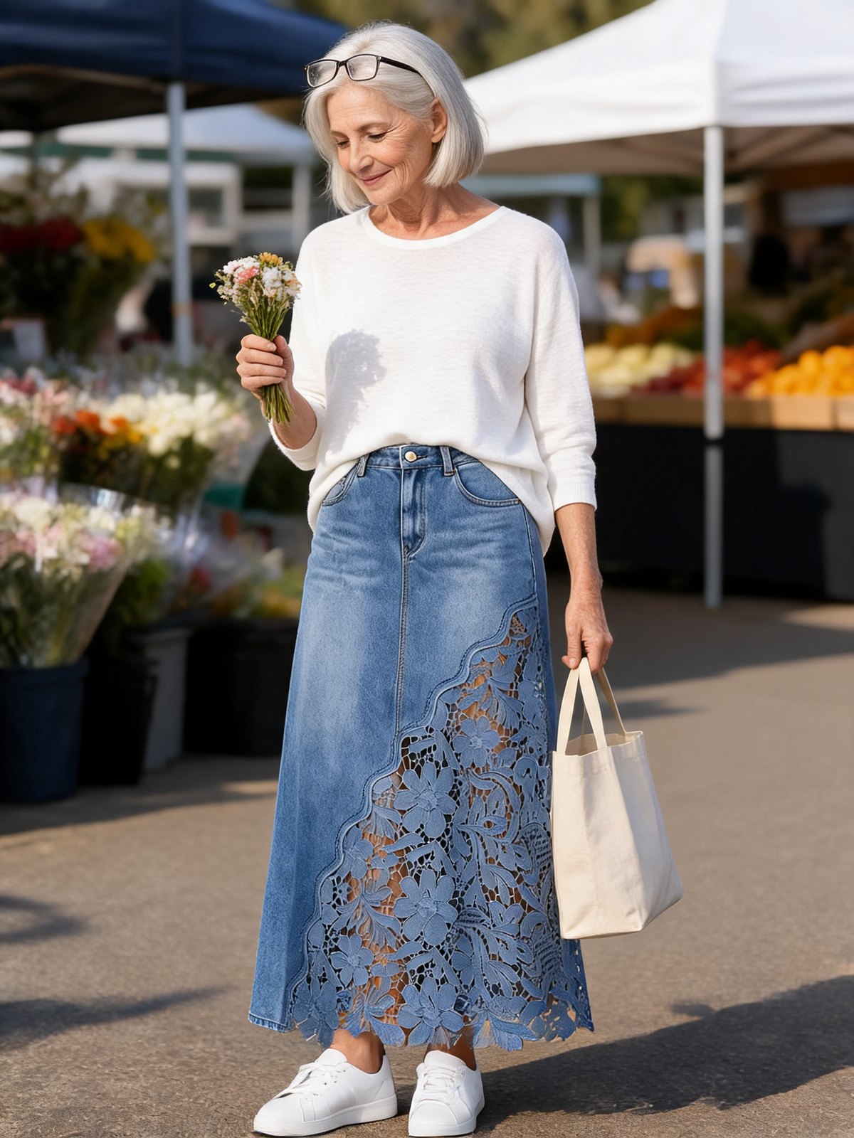 Solenne lace denim maxi skirt