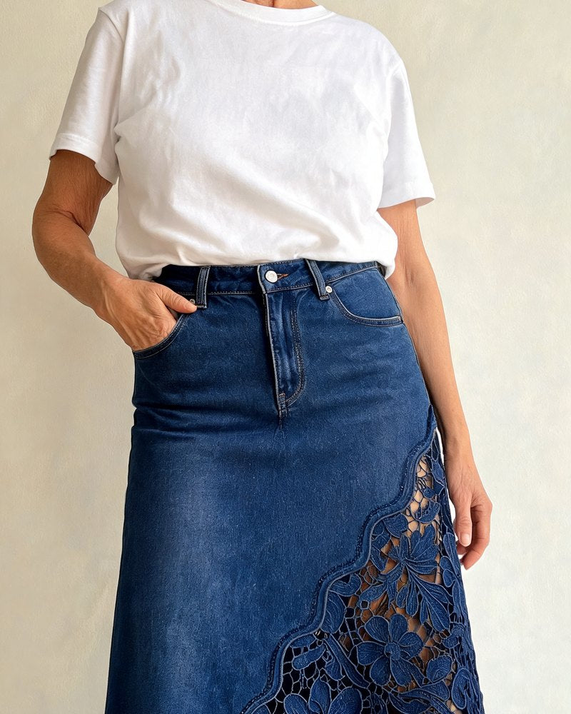 Solenne lace denim maxi skirt
