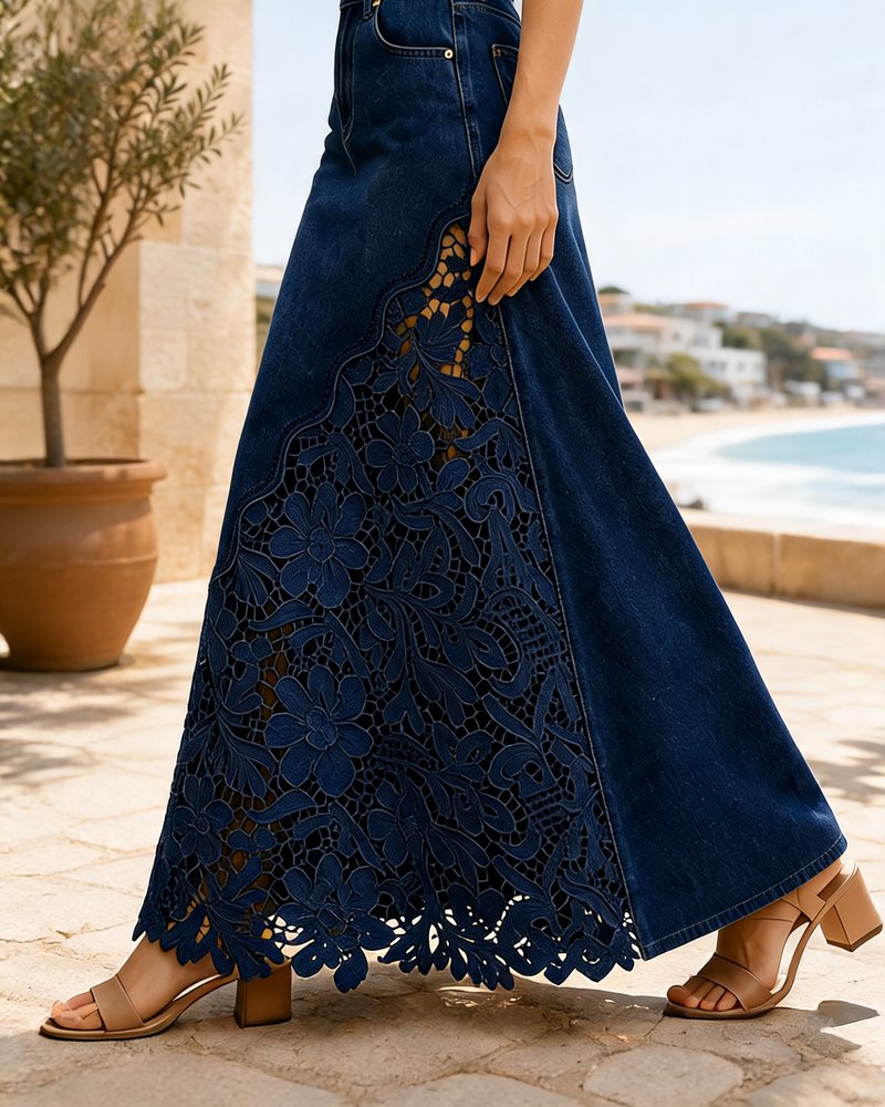 Solenne lace denim maxi skirt