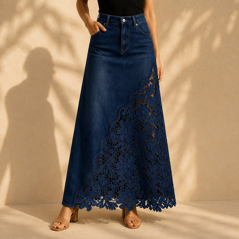 Solenne lace denim maxi skirt