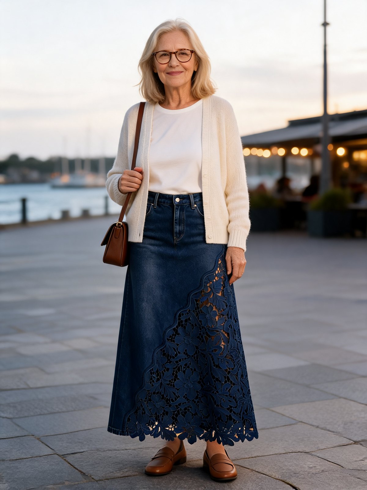 Solenne lace denim maxi skirt