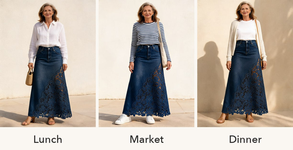 Solenne lace denim maxi skirt, three outfits
