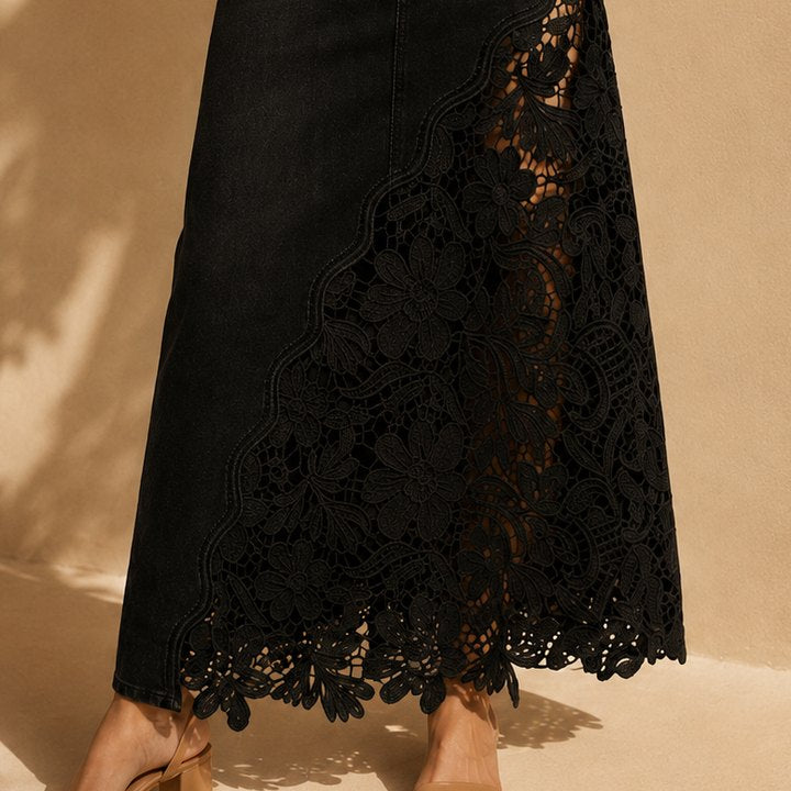 Solenne lace denim maxi skirt