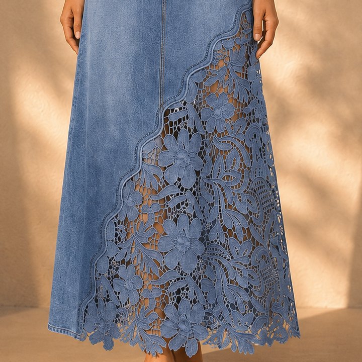 Solenne lace denim maxi skirt