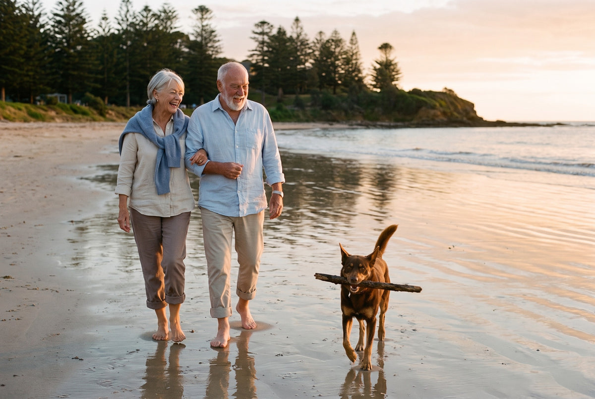 Couple walking along the waterline at sunset with their dog
