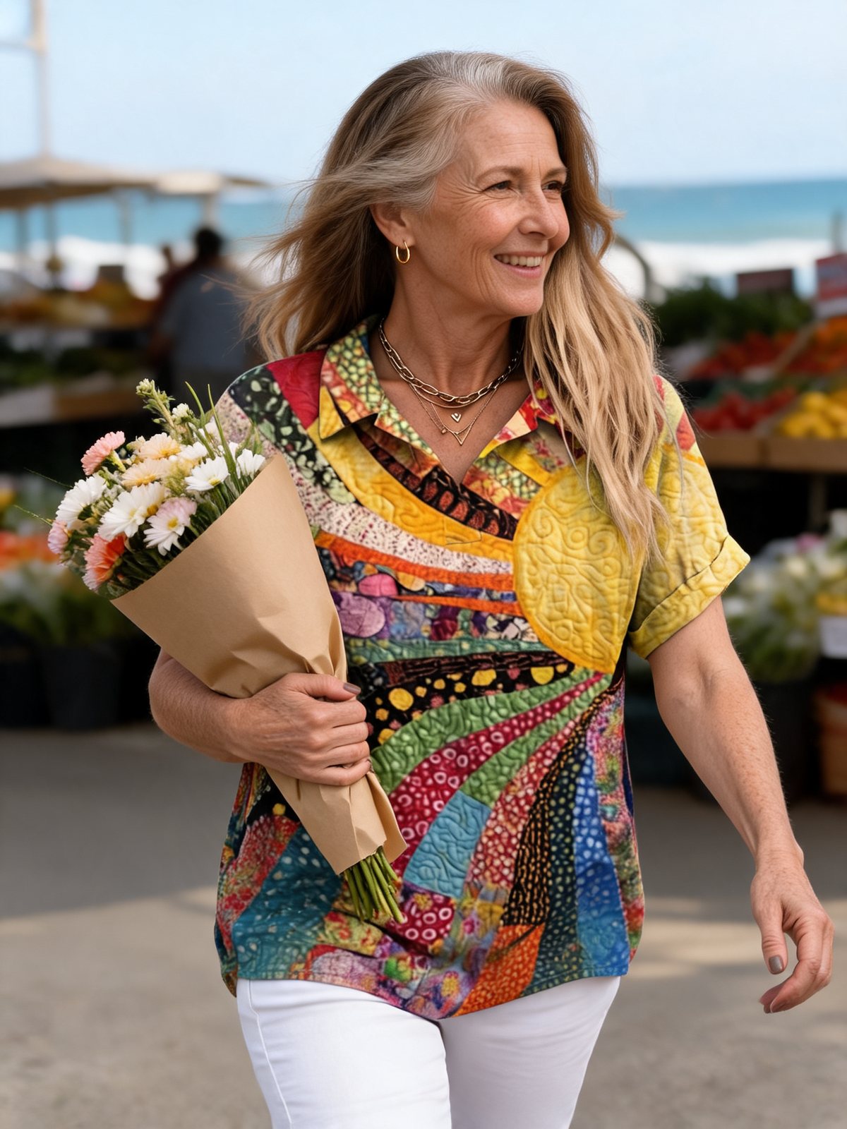 Woman in the Willa Sunburst shirt at a seaside market