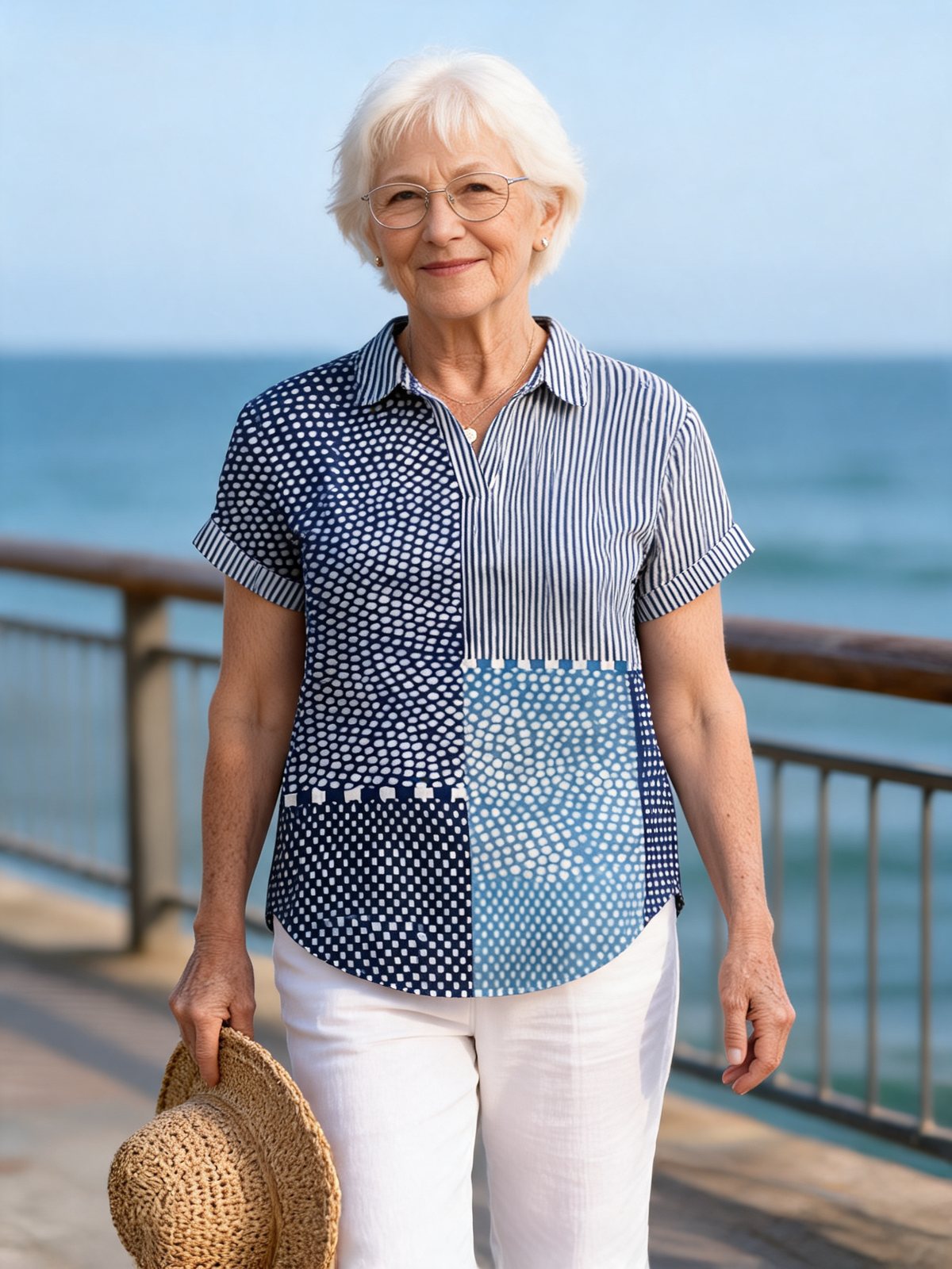 Woman in the Willa Patchwork shirt by the water