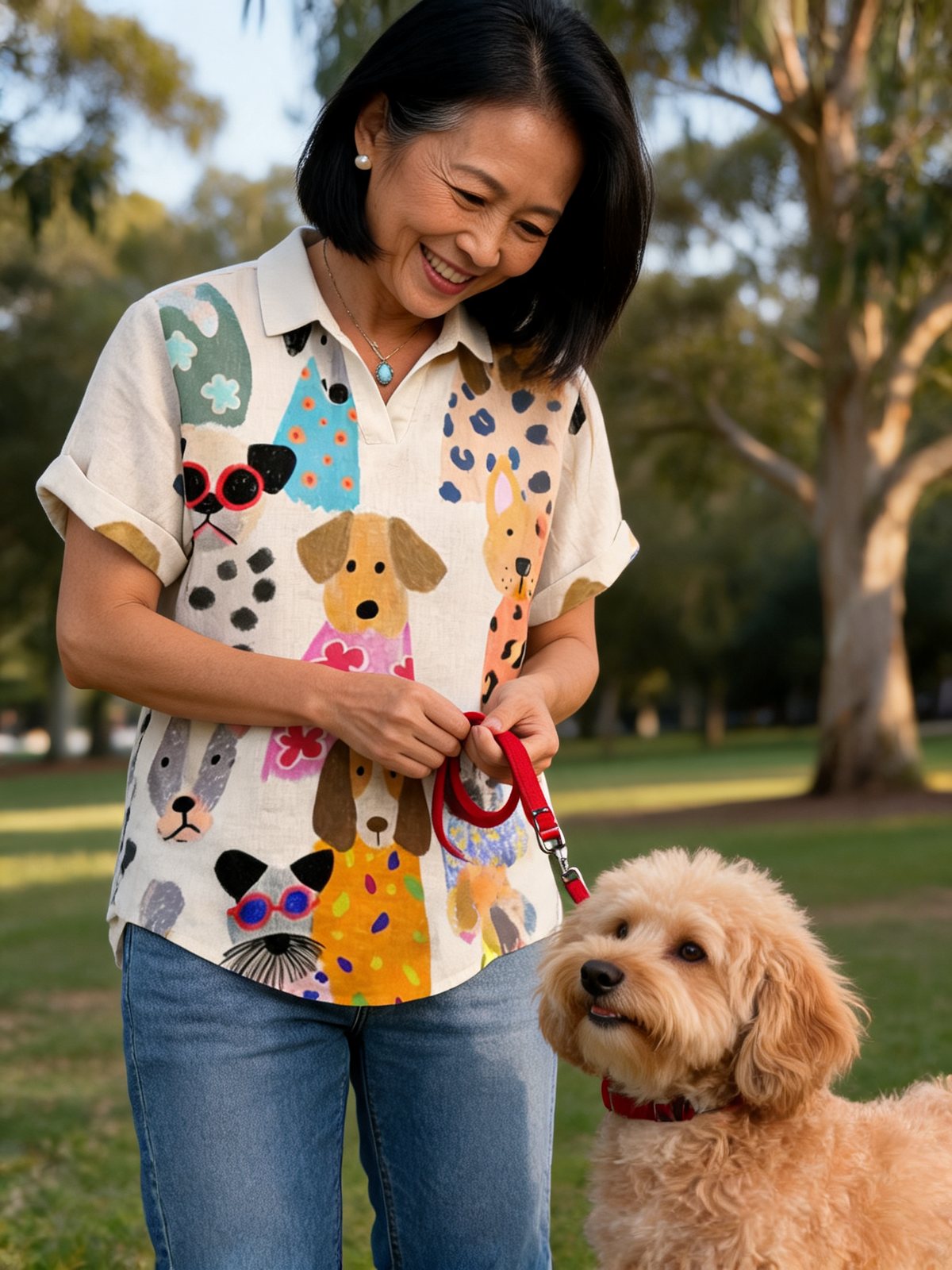 Woman in the Willa Dogs shirt walking her dog